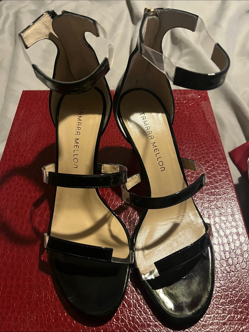 Tamara Mellon Black Patent Leather Three-Strap Ankle-Heel Sandals